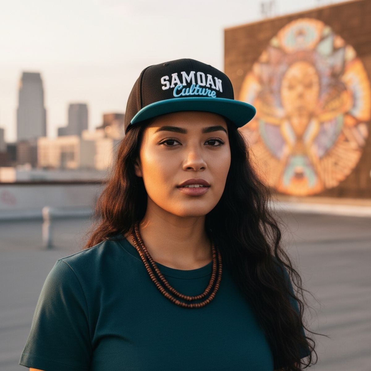 Fulfill Engine flat bill snapback hat featuring blue and white Samoan culture embroidery, one size, with teal accents.