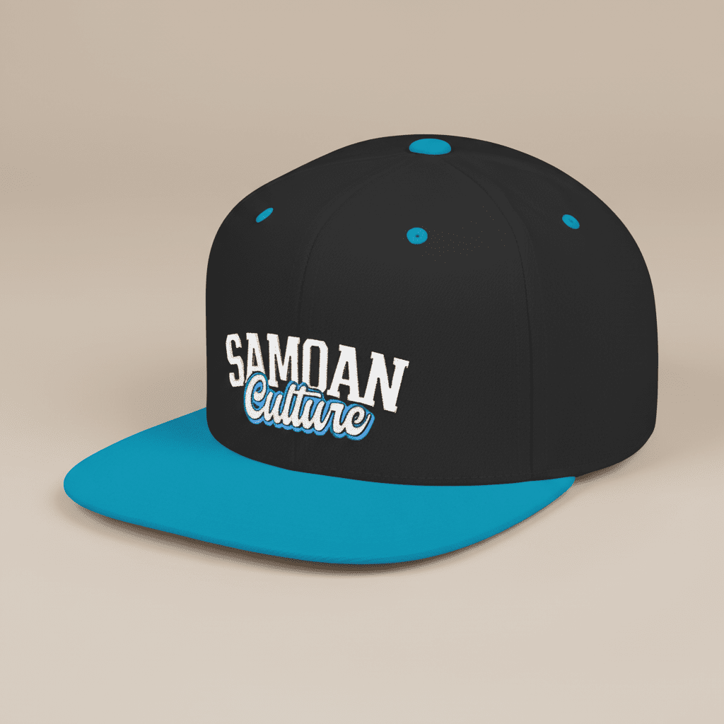 Fulfill Engine flat bill snapback hat with blue and white Samoan culture embroidery, black teal design, one size fits most.