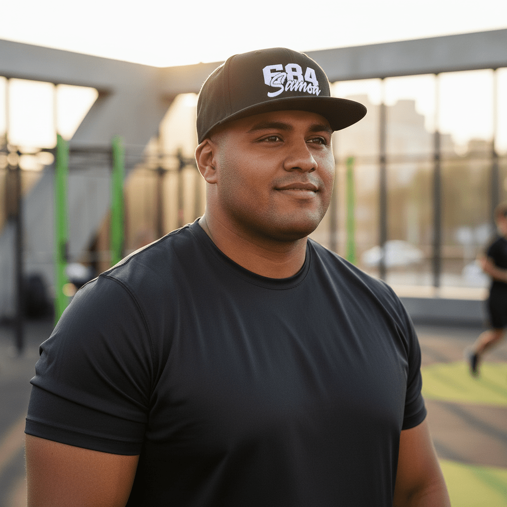 Black flat bill snapback hat by Fulfill Engine with white Samoa embroidery, one size fits most, suitable for AU, NZ, and USA.