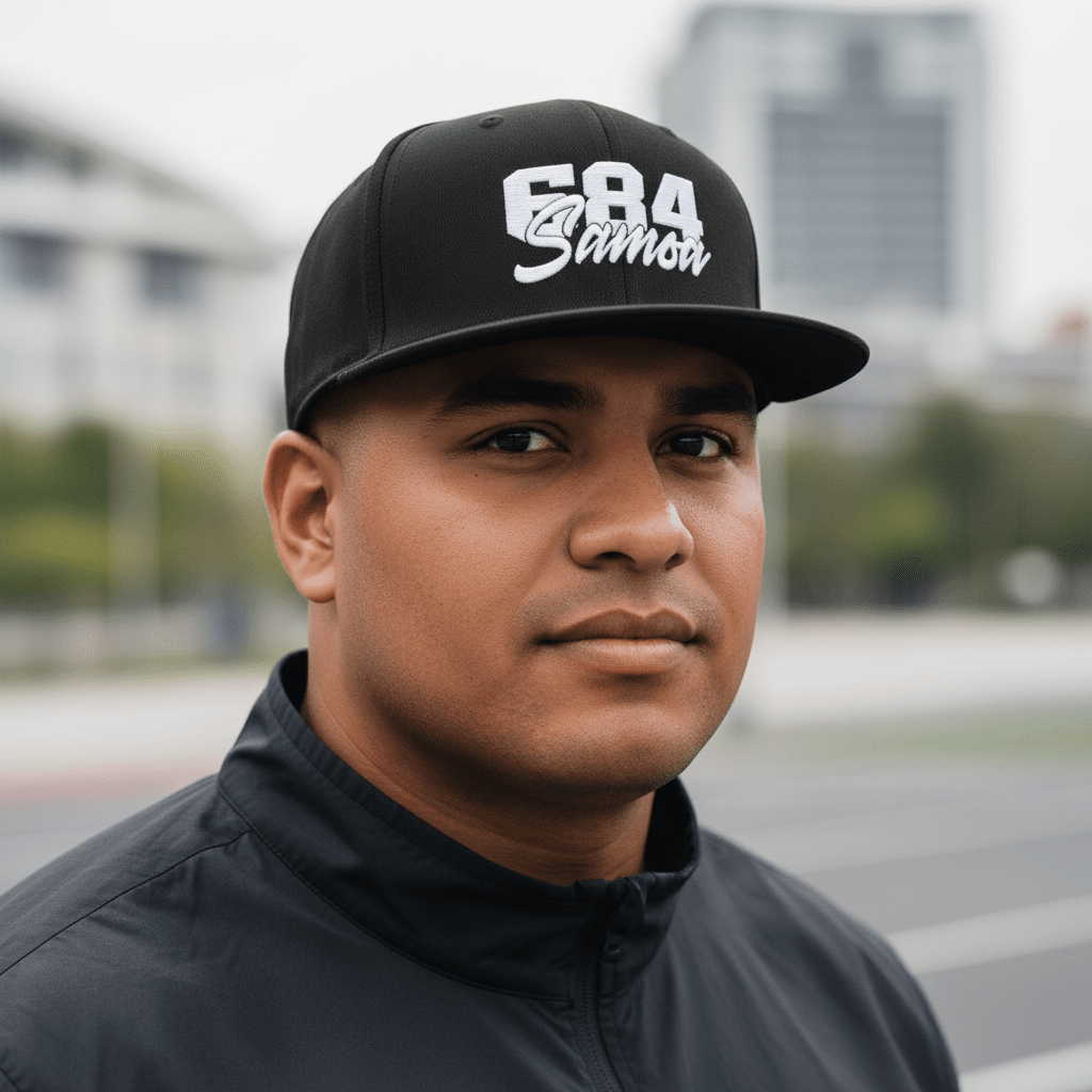 Fulfill Engine flat bill snapback hat in black with white Samoa embroidery, one size fits all, designed for AU, NZ, and USA.