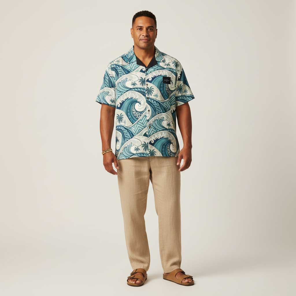 KoaTech™ - Hawaiian Button-Down Shirt - Blue Waves - AU/NZ/USA