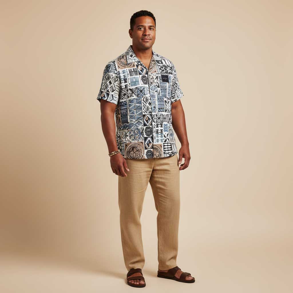 FYBY KoaTech Hawaiian Button-Down Shirt in Elei Steel with black stitching, featuring vibrant tropical print and relaxed fit.