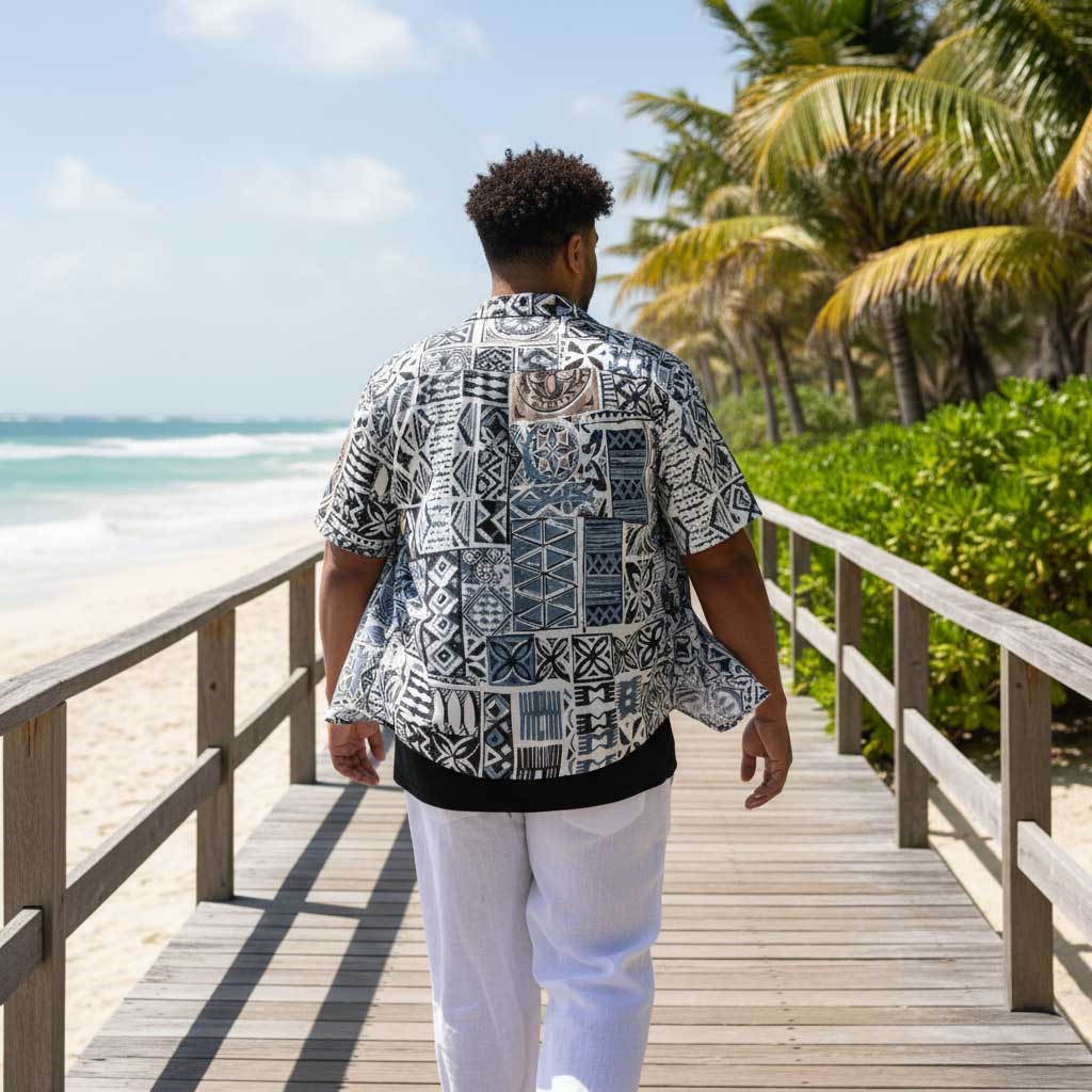 Black stitching KoaTech Hawaiian button-down shirt with Elei Steel pattern, FYBY brand, casual tropical style.