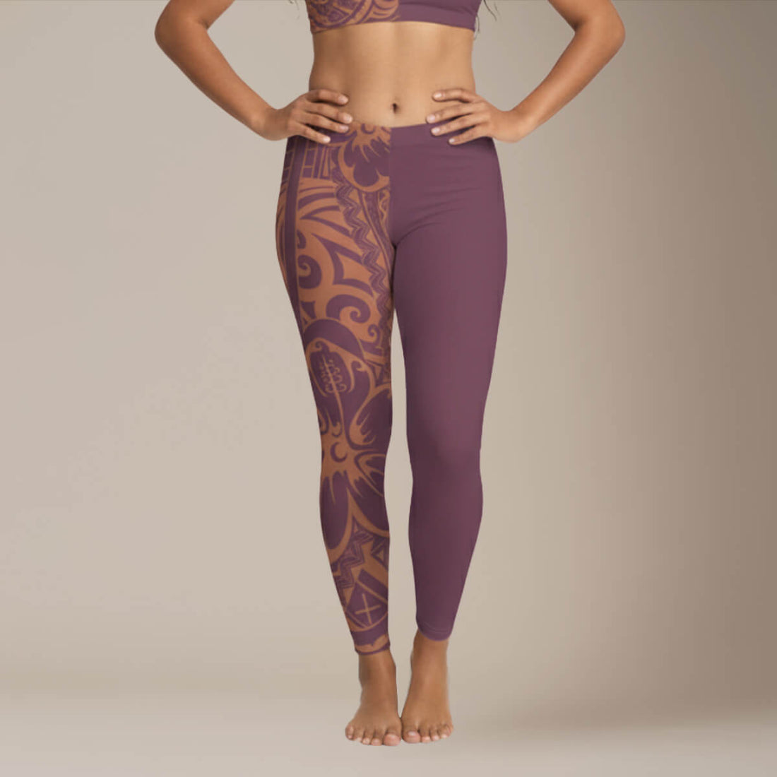 FYBY IslandFlex Mid-Rise Leggings in Bloom Brandied Melon with matching thread color, shown on a model.
