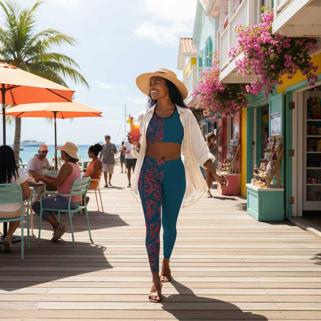 FYBY IslandFlex mid-rise leggings in Bloom Winterberry Blue, featuring black stitching, perfect for active wear.