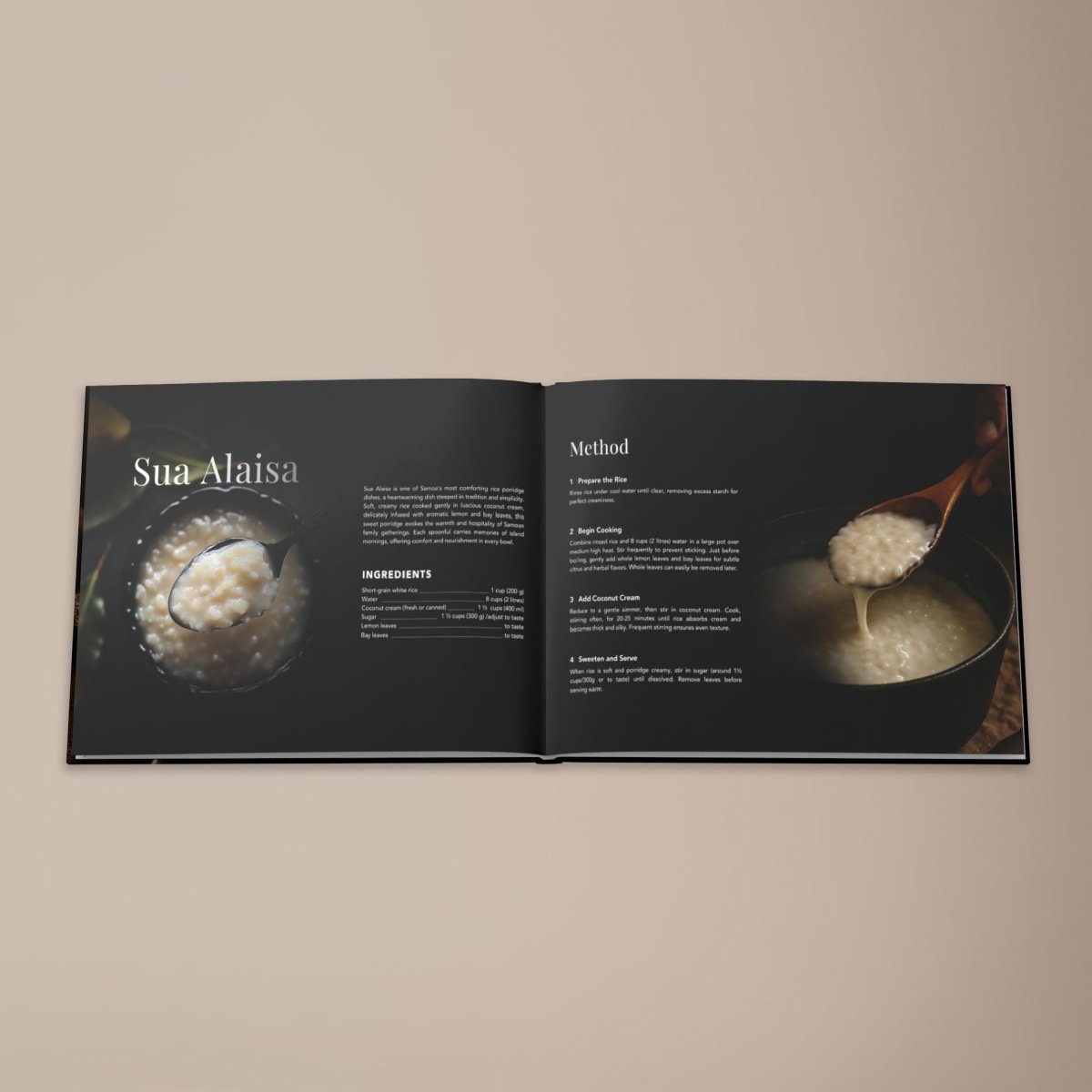 Hardcover keepsake book featuring six authentic Samoan recipes, titled "The Samoan Comfort Book,".