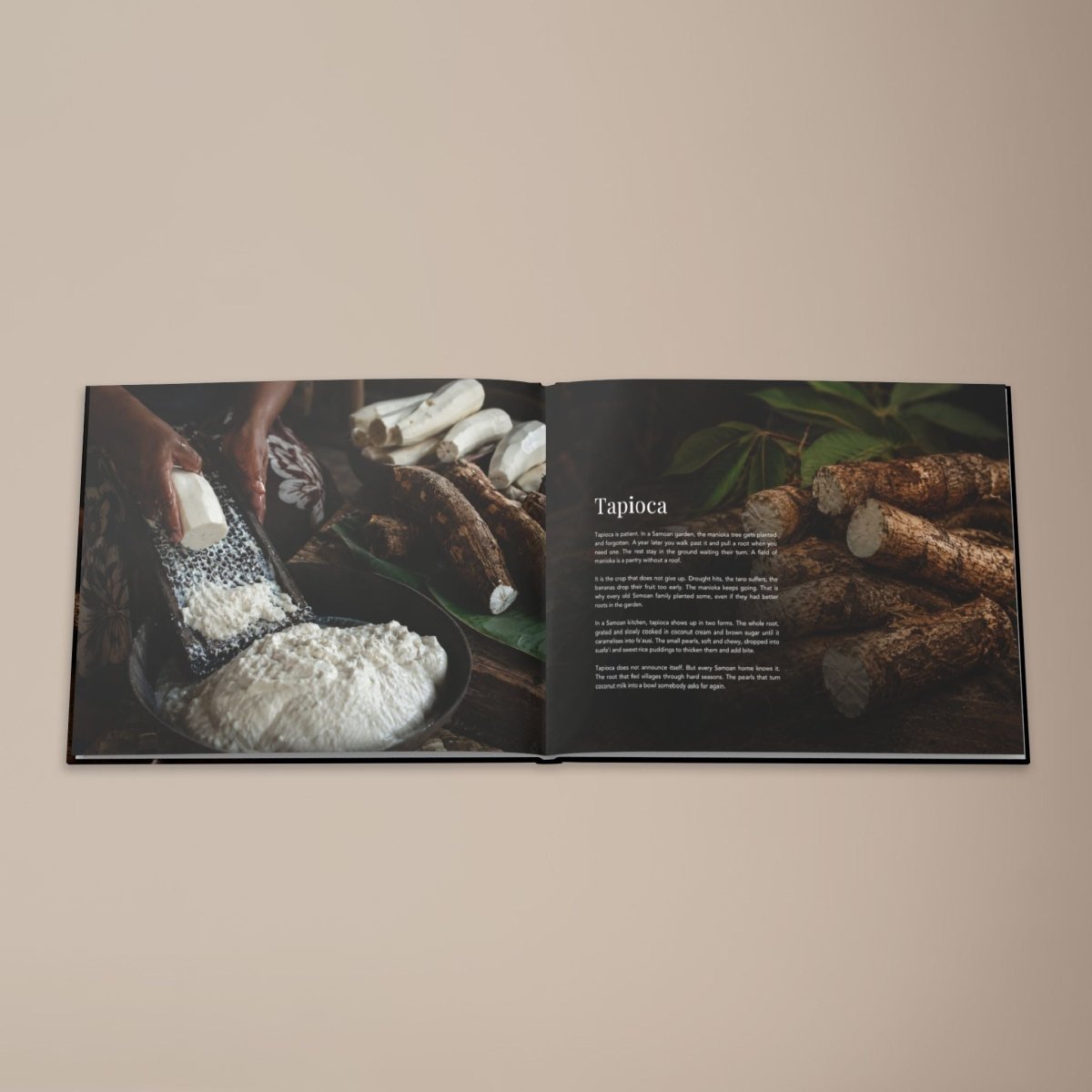 Hardcover keepsake book featuring six Samoan recipes, titled "The Samoan Comfort Book,".