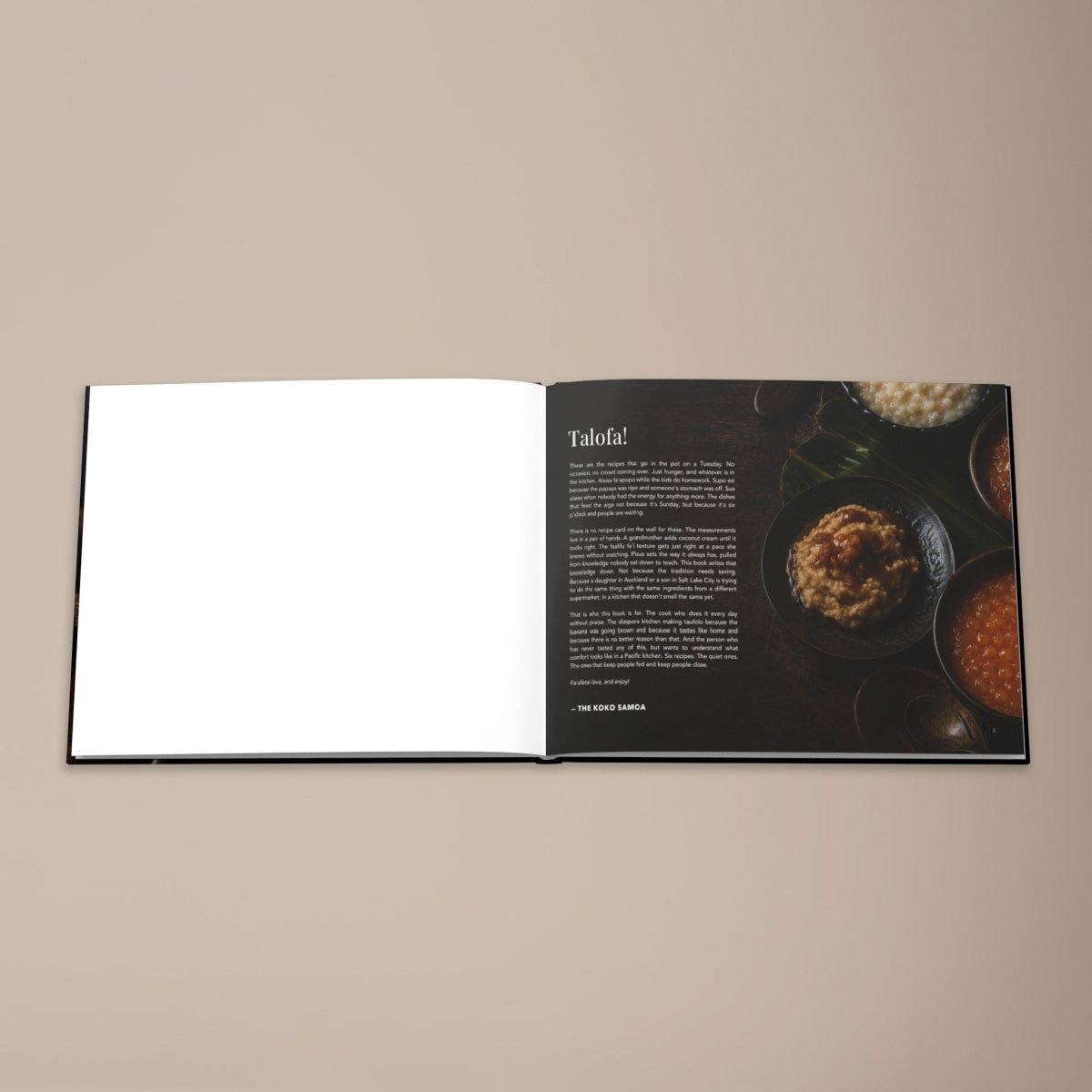 Hardcover keepsake book titled "The Samoan Comfort Book" featuring six traditional Samoan recipes,.