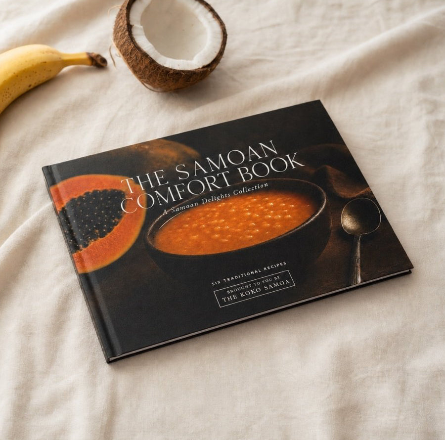 Hardcover keepsake book titled "The Samoan Comfort Book" featuring six traditional Samoan recipes,.