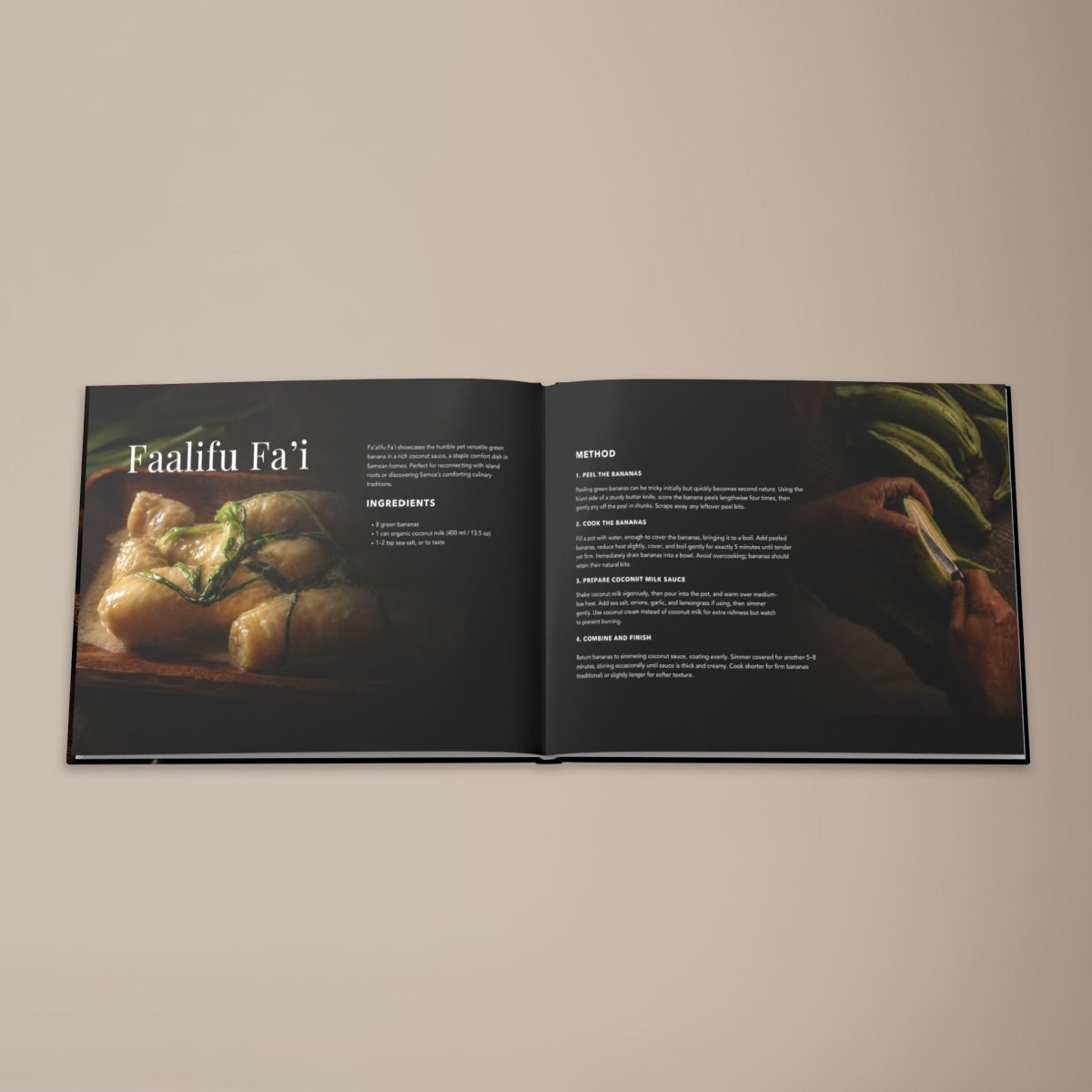 Hardcover keepsake book titled "The Samoan Comfort Book" with six traditional Samoan recipes,.