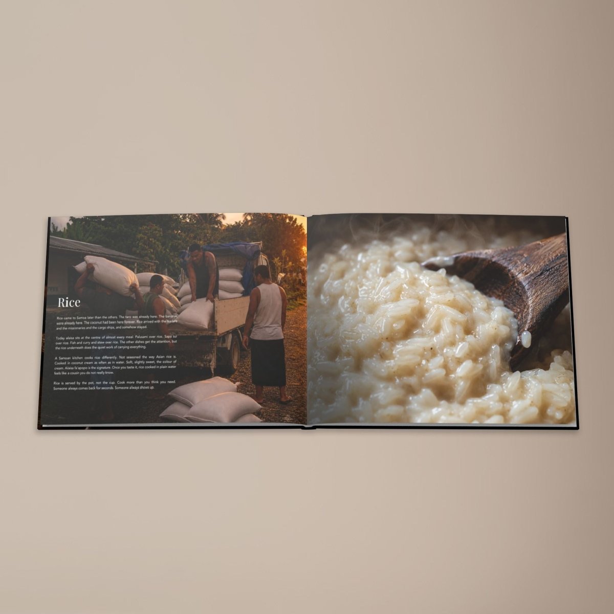 Hardcover keepsake book titled "The Samoan Comfort Book" featuring six traditional Samoan recipes,.