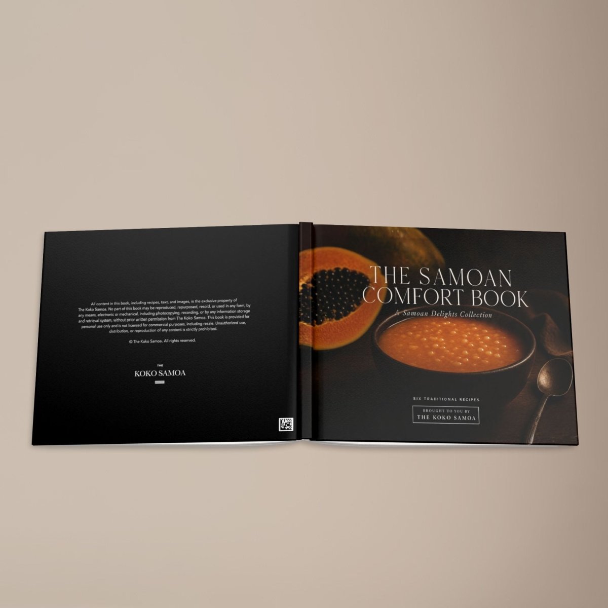 Hardcover keepsake book titled The Samoan Comfort Book with six traditional Samoan recipes, featuring Samoan cuisine.