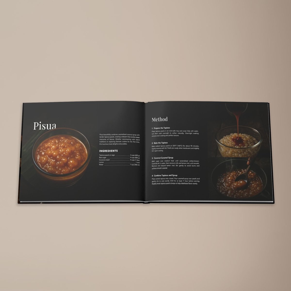 Hardcover keepsake book featuring six traditional Samoan recipes, titled The Samoan Comfort Book,.