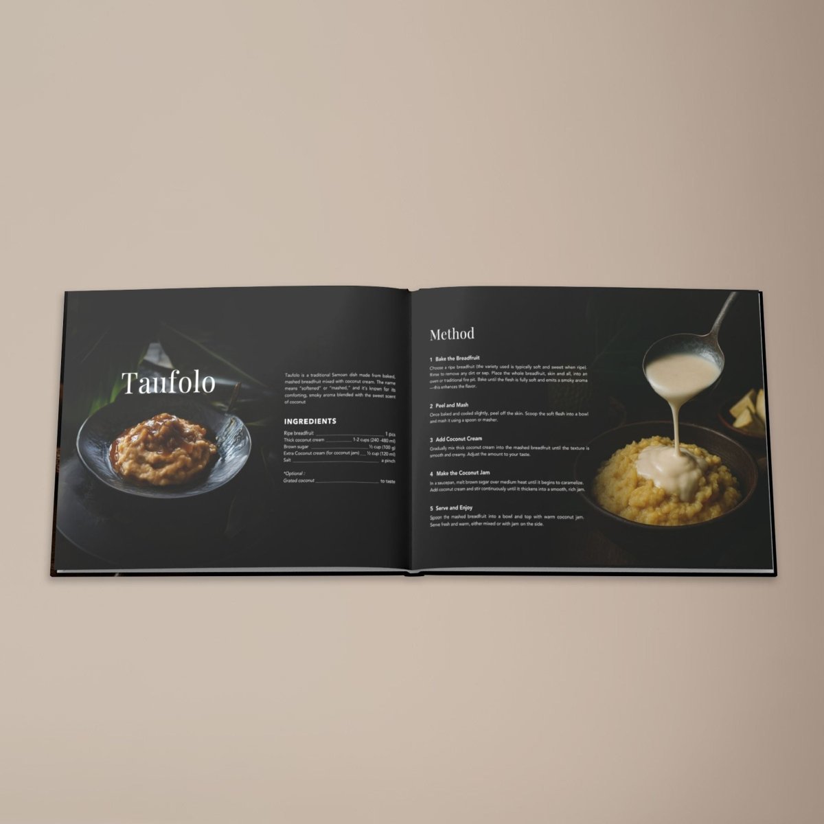 Hardcover keepsake book titled "The Samoan Comfort Book" with 6 traditional Samoan recipes,.