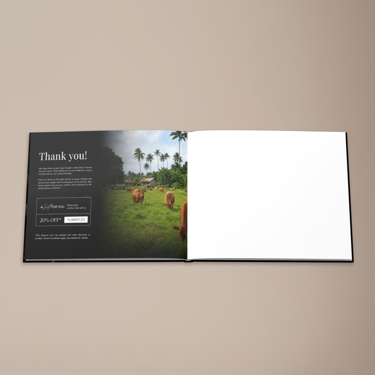 Hardcover keepsake book titled "The Samoan Comfort Book" featuring 6 traditional Samoan recipes,.