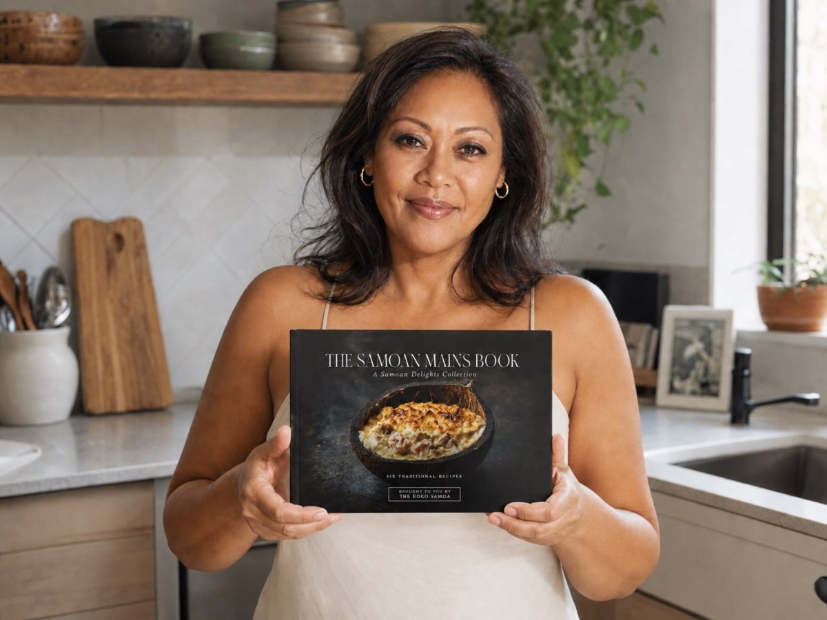 Hardcover keepsake book with Samoan recipes, featuring traditional dishes and cultural illustrations,.