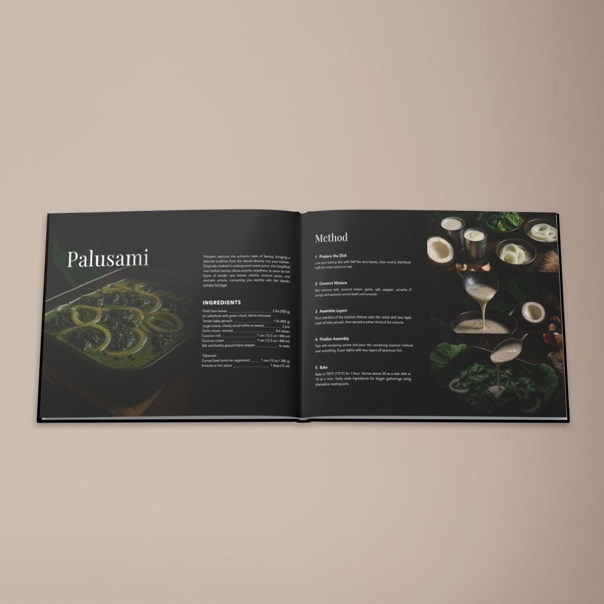 Hardcover keepsake book featuring six traditional Samoan recipes, titled "The Samoan Mains Book."