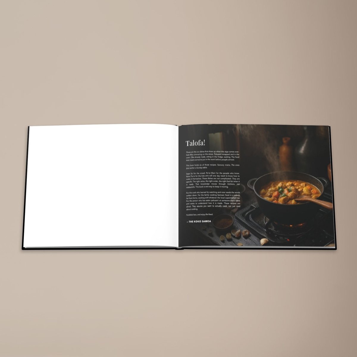 Hardcover keepsake book titled "The Samoan Mains Book" with six traditional Samoan recipes,.