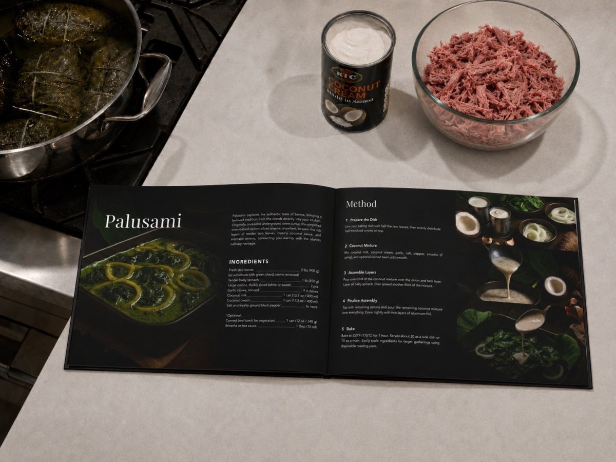 Hardcover keepsake book featuring six traditional Samoan recipes, published, with colorful cover design.