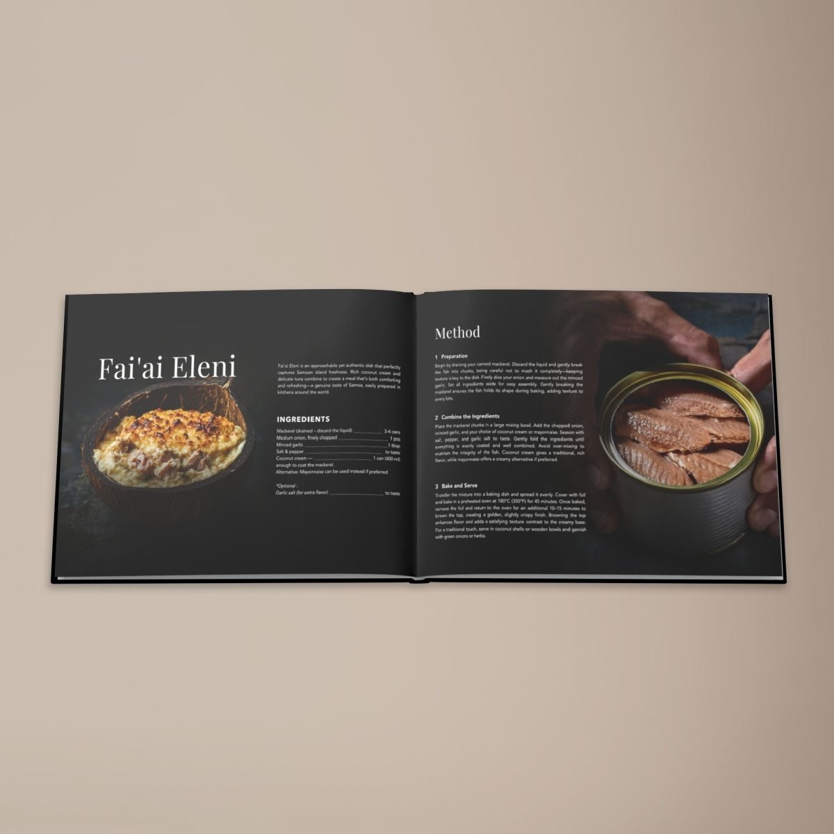 Hardcover keepsake book featuring six traditional Samoan recipes, titled "The Samoan Mains,".