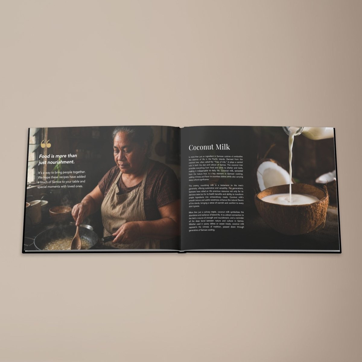 Hardcover keepsake book featuring six authentic Samoan recipes, with vibrant images of traditional dishes.