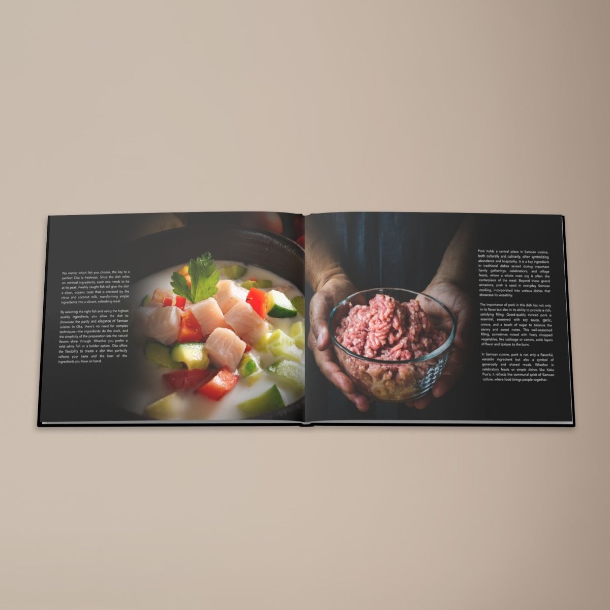 Hardcover keepsake book featuring 6 traditional Samoan recipes, titled "The Samoan Mains,".