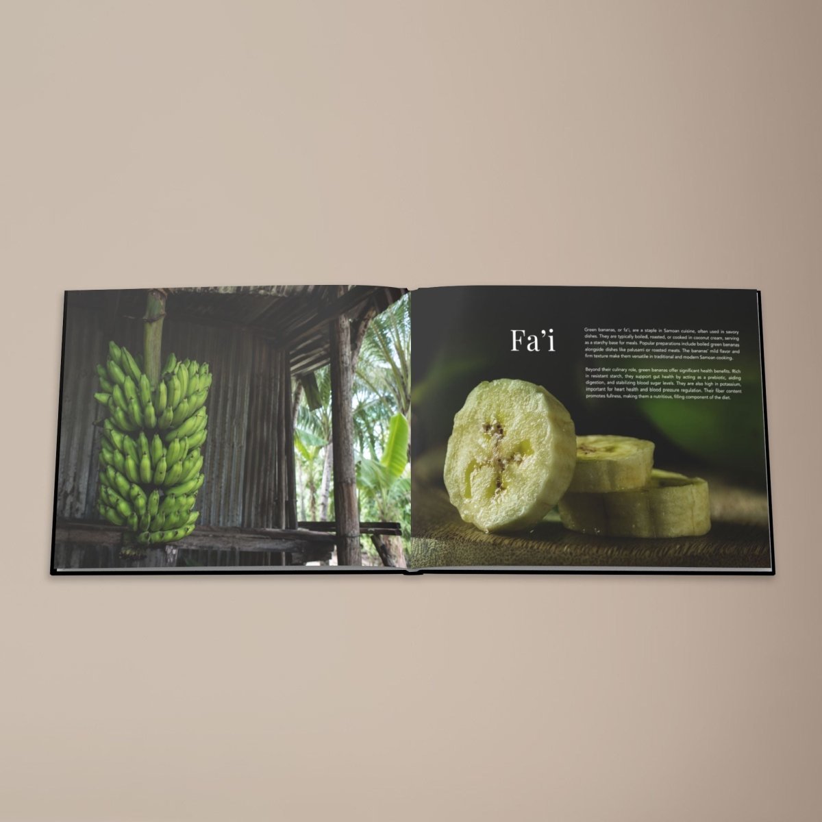 Hardcover keepsake book titled "The Samoan Mains Book" featuring six traditional Samoan recipes,.