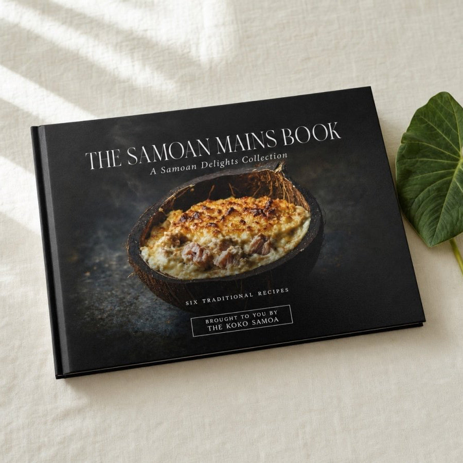 Hardcover keepsake book featuring six traditional Samoan recipes, with colorful images and cultural details.