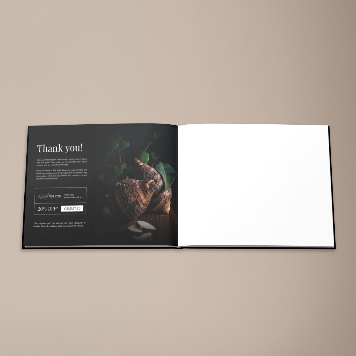Hardcover keepsake book featuring six traditional Samoan recipes, published, with vibrant cover design.