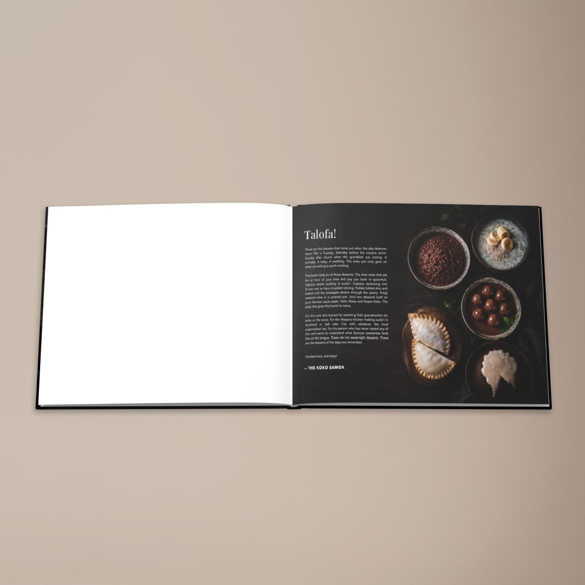 Hardcover keepsake book titled The Samoan Sweets Book featuring 6 traditional Samoan recipes,.