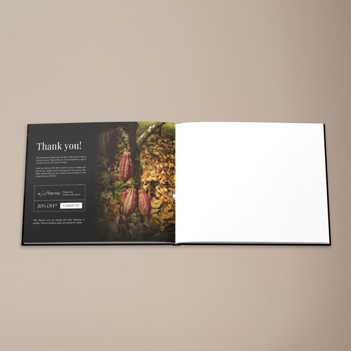 Hardcover keepsake book titled The Samoan Sweets Book with six Samoan recipes, published.