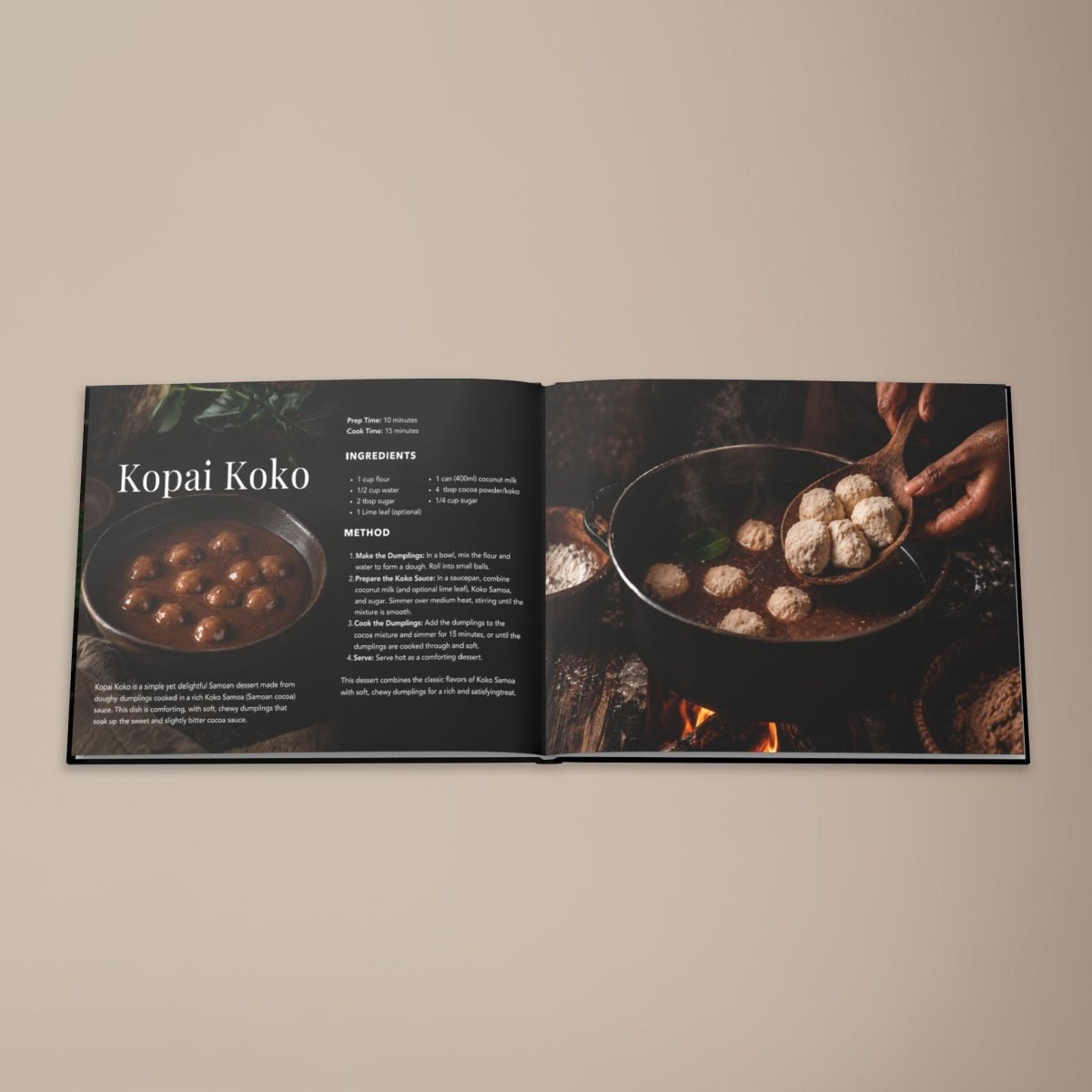 Hardcover keepsake book titled "The Samoan Sweets Book" featuring six traditional Samoan recipes,.