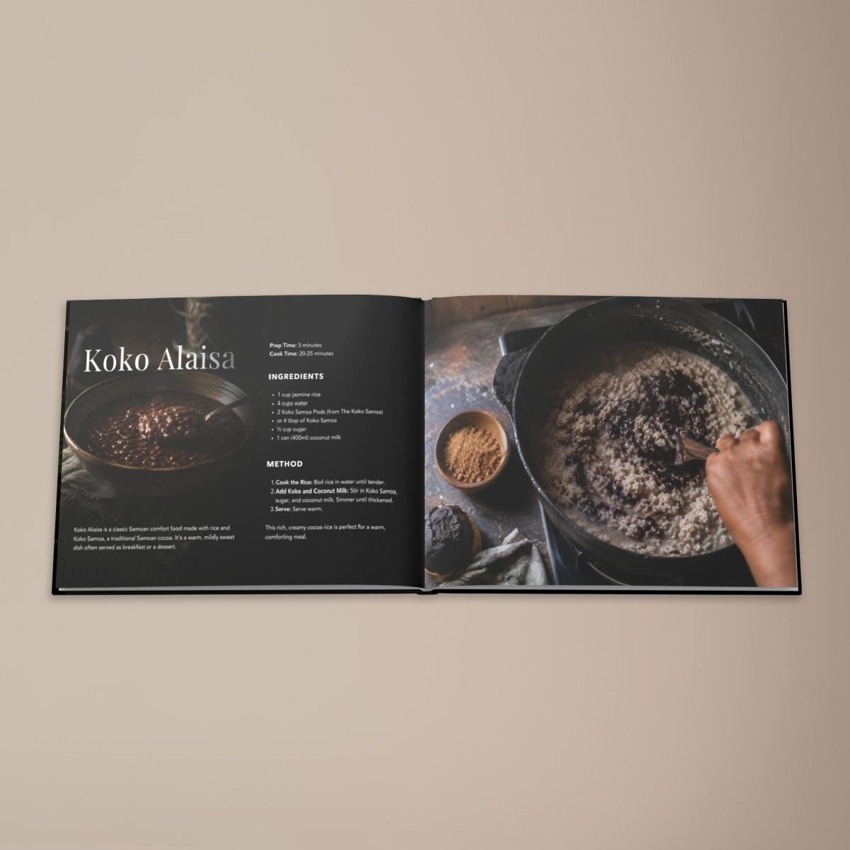 Hardcover keepsake book featuring six traditional Samoan recipes, with colorful cover showing Samoan sweets and cultural motifs.