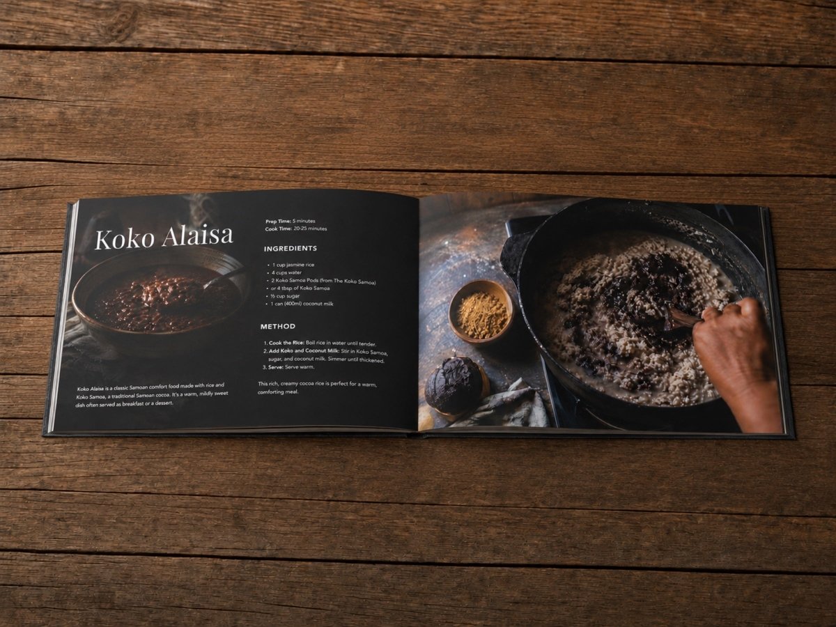 Hardcover keepsake book titled The Samoan Sweets Book with six traditional Samoan recipes.
