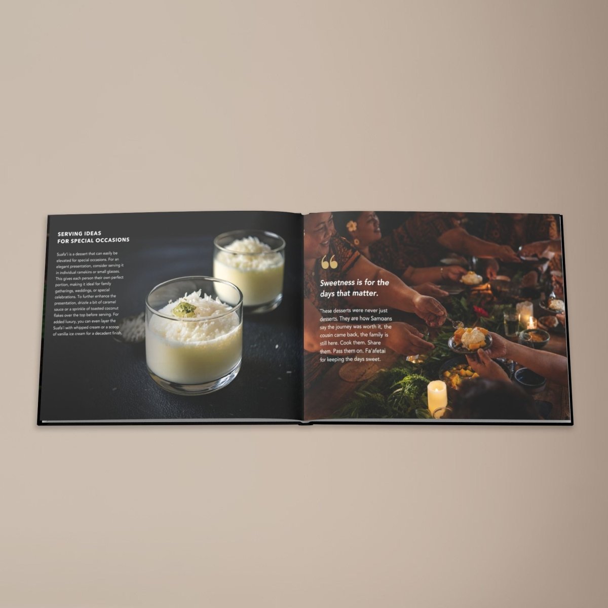 Hardcover keepsake book titled "The Samoan Sweets Book" featuring six traditional Samoan recipes,.