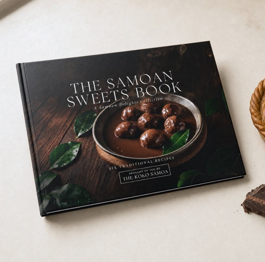 Hardcover keepsake book titled "The Samoan Sweets Book" with six traditional Samoan recipes, featuring vibrant cover art.