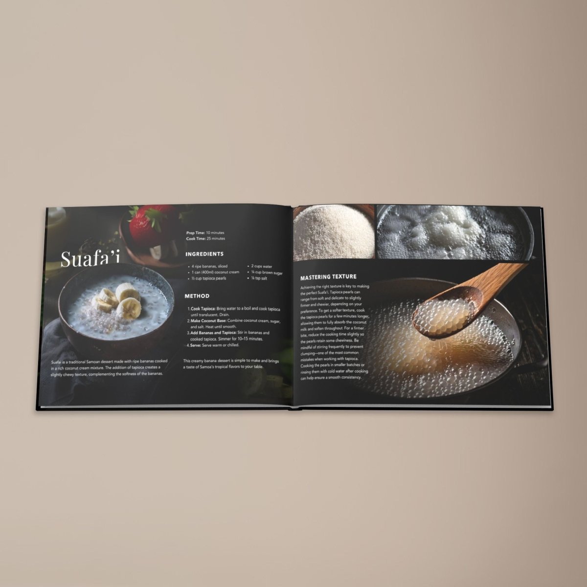 Hardcover keepsake book titled "The Samoan Sweets Book" featuring six traditional Samoan recipes,.