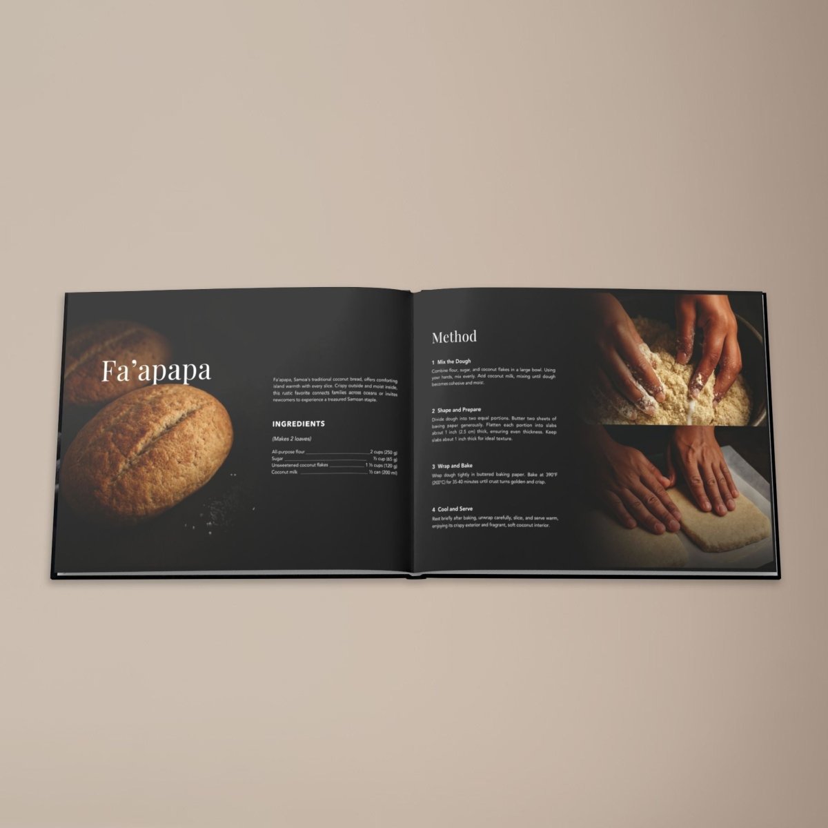Hardcover keepsake book titled "The Samoan Tea Time Book" with six traditional Samoan recipes,.