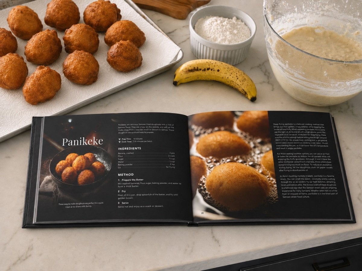 Hardcover keepsake book titled The Samoan Tea Time Book featuring 6 traditional Samoan recipes,.