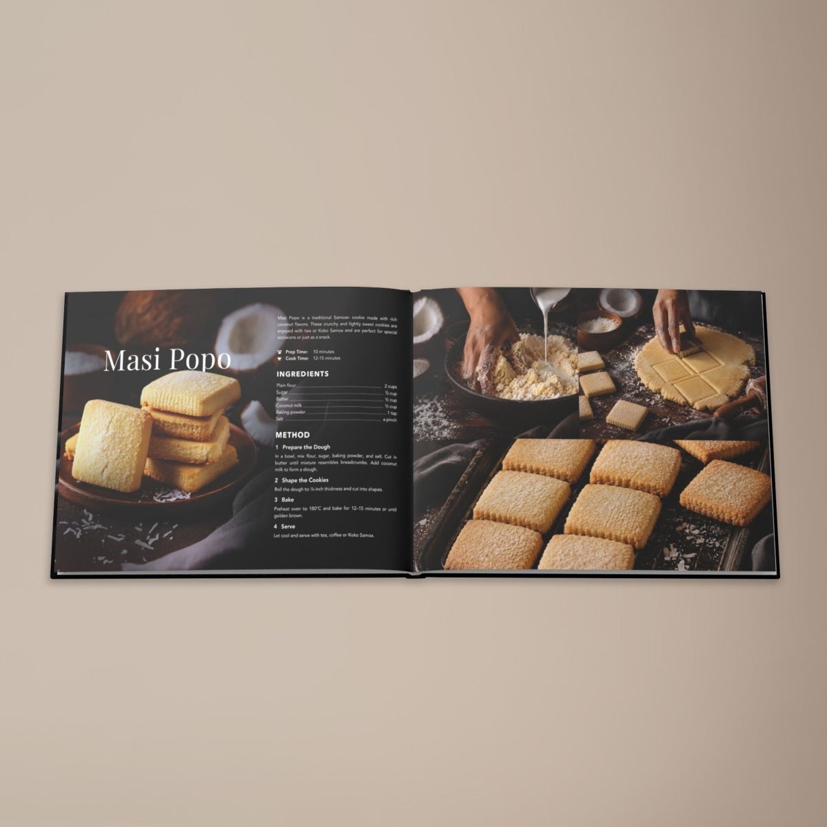 Hardcover keepsake book titled "The Samoan Tea Time Book" with 6 Samoan recipes, featuring traditional Samoan tea and food.