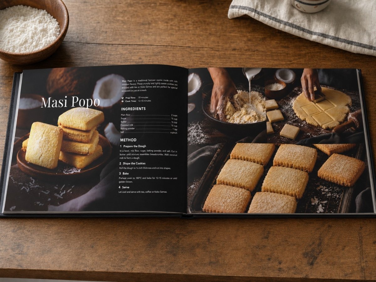 Hardcover Keepsake book featuring six traditional Samoan recipes, titled "The Samoan Tea Time Book,".