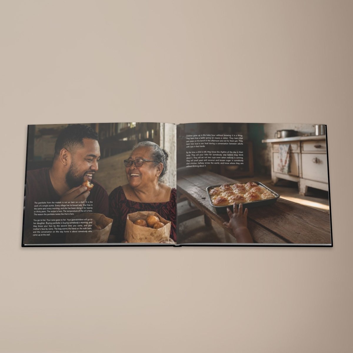 Hardcover keepsake book featuring 6 authentic Samoan tea time recipes with traditional dishes and cultural illustrations.