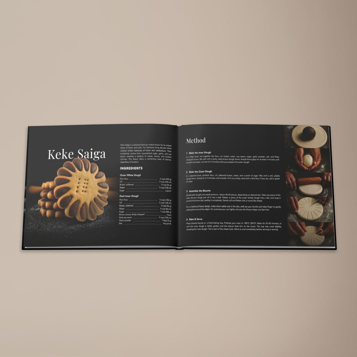 Hardcover keepsake book titled "The Samoan Tea Time Book" with six traditional Samoan recipes,.