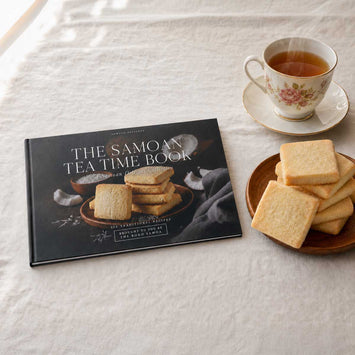 Hardcover keepsake book titled "The Samoan Tea Time Book" featuring 6 traditional Samoan recipes,.