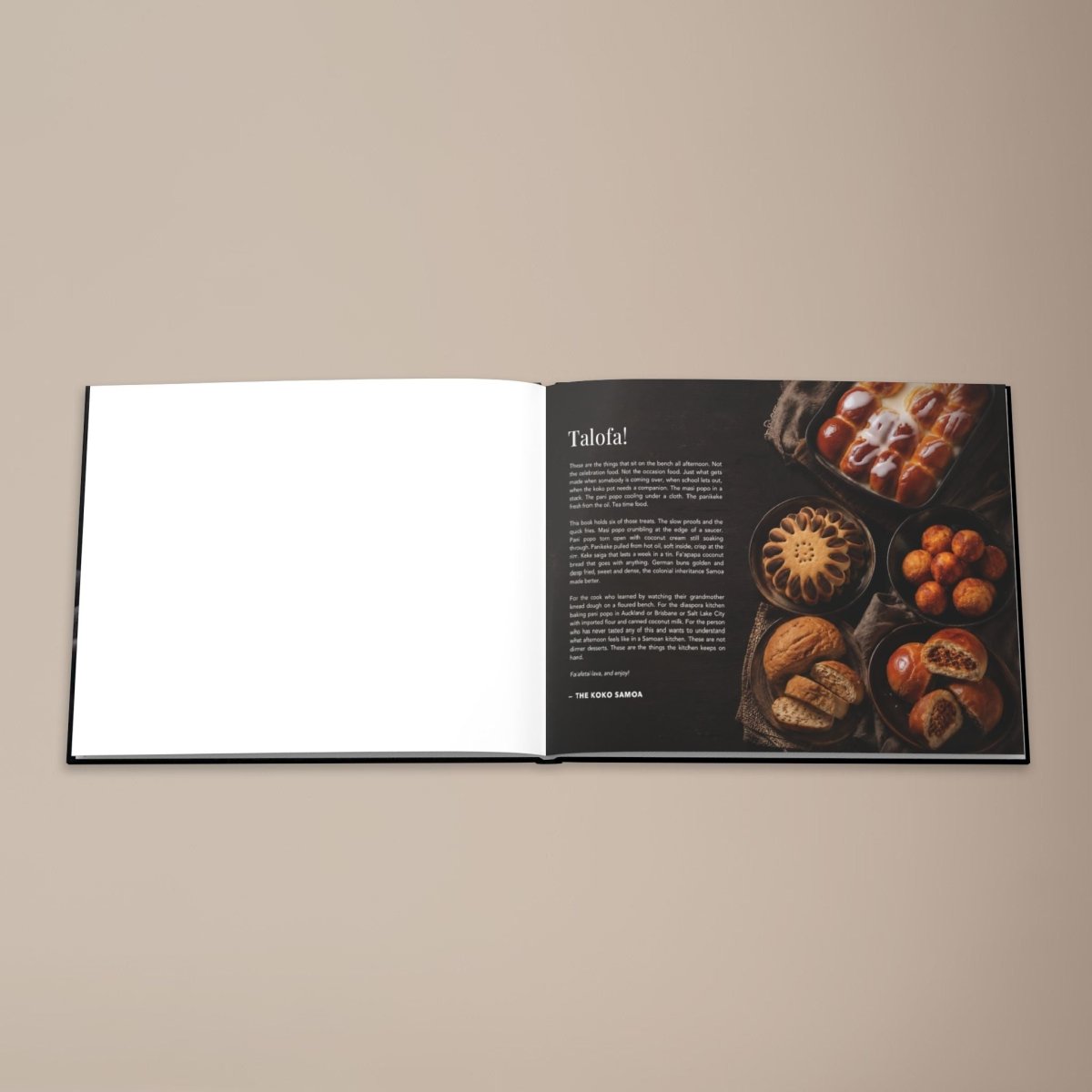 Hardcover keepsake book featuring 6 Samoan recipes, including Koko Samoa,.