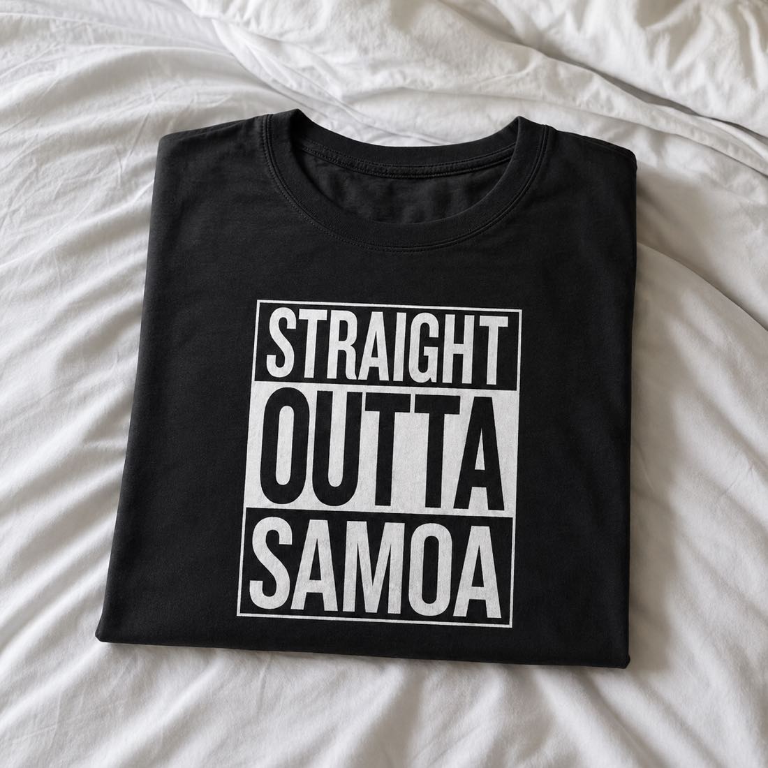 Heavy unisex T-shirt featuring "Straight Outta Samoa" design by The Print Bar, showcasing bold print on front.