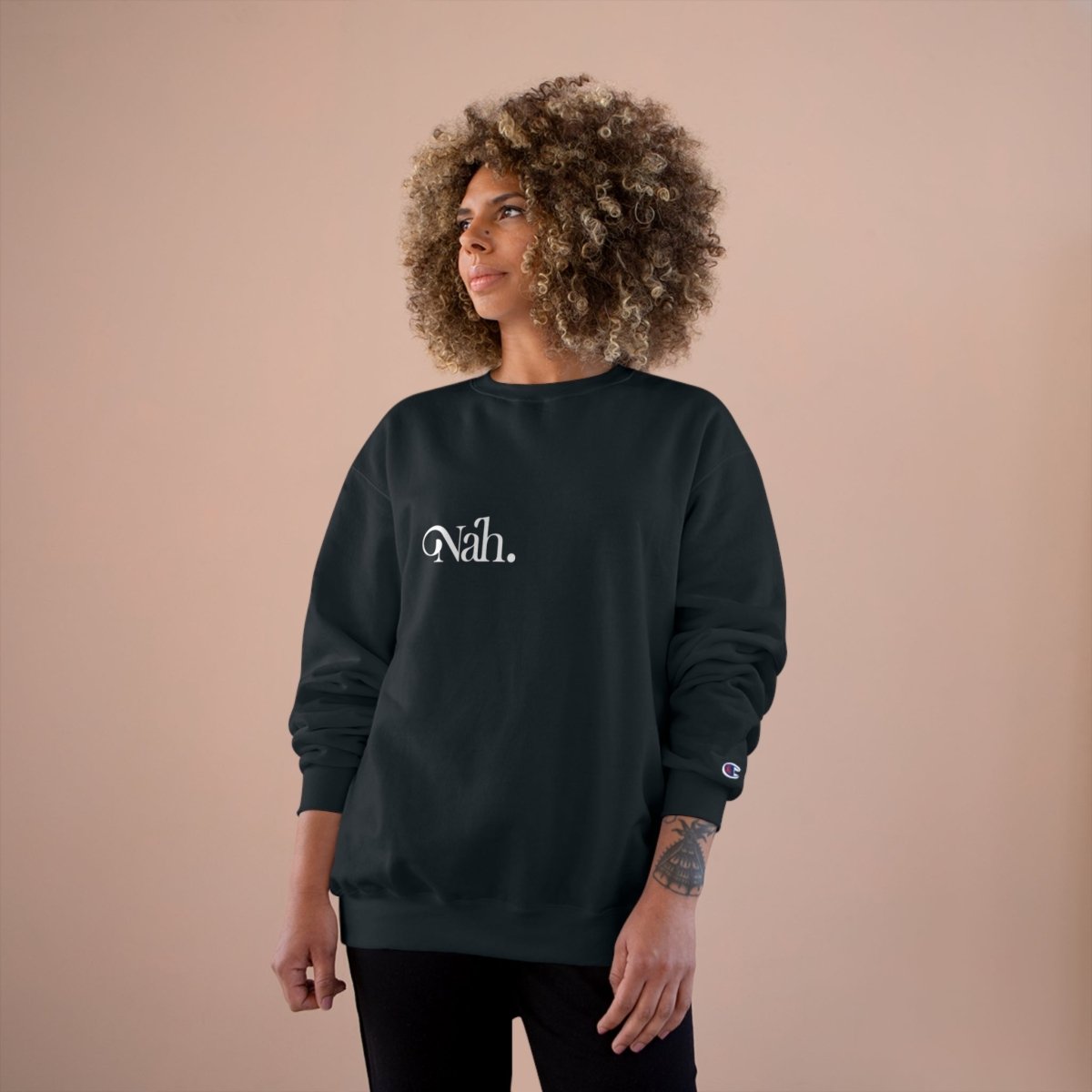 Black Champion unisex sweatshirt by Inkblot featuring a comfortable fit, suitable for casual wear in AU, NZ, and USA.
