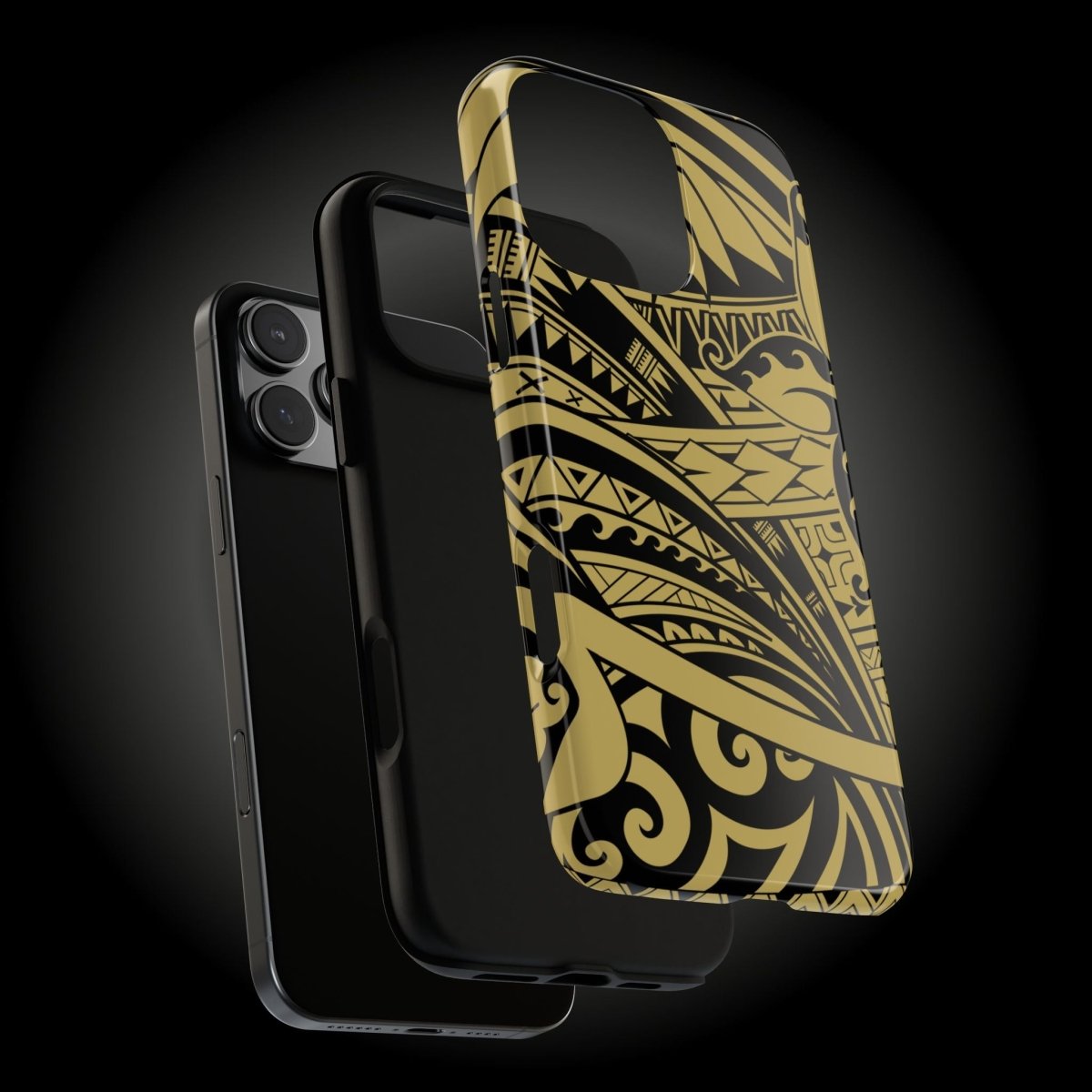 iPhone Tough Phone Case in Bloom Gold, designed for durable protection, shown on an iPhone with floral pattern details.
