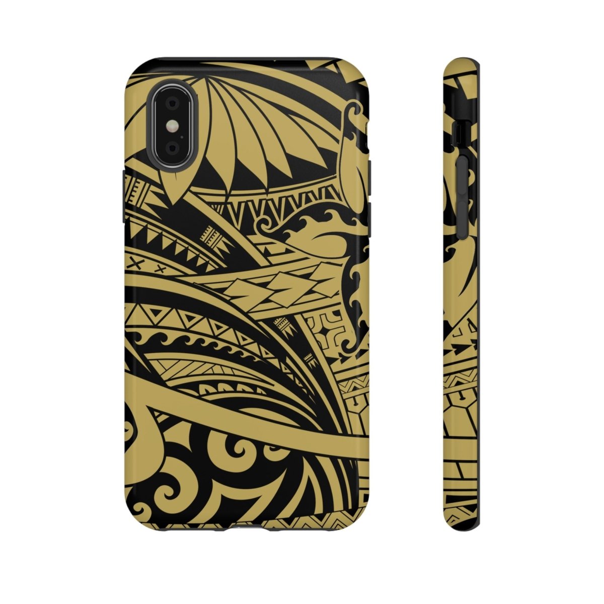 iPhone Tough Phone Case in Bloom Gold, durable protective cover for iPhone models, featuring vibrant gold floral design.