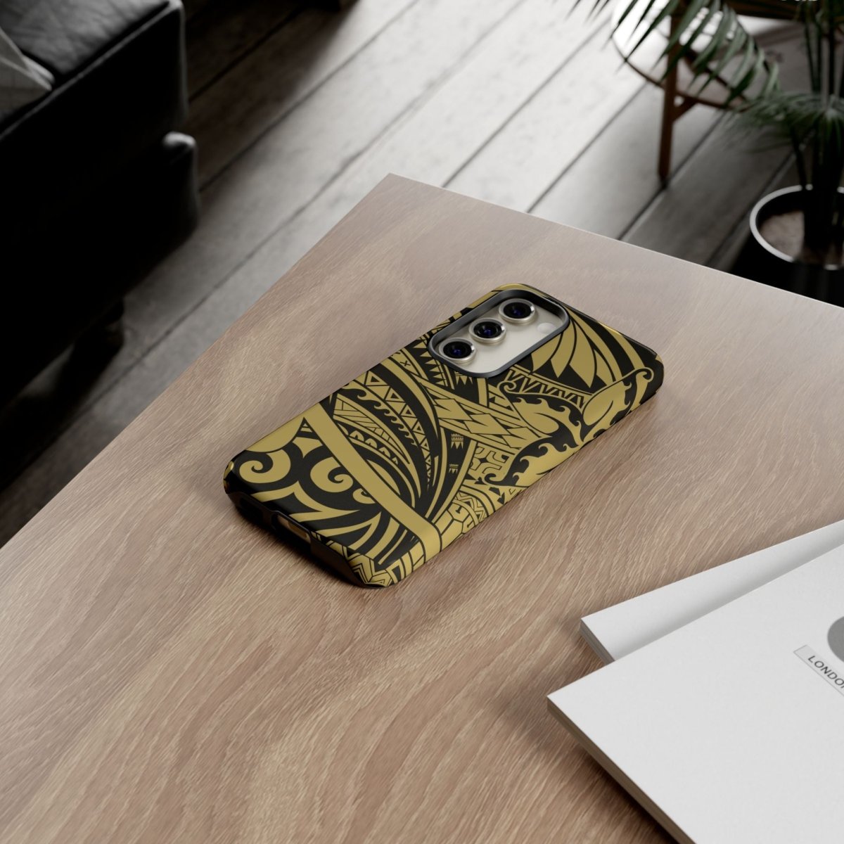 Wooden iPhone tough phone case in Bloom Gold by WOYC, designed for durable protection with floral pattern.